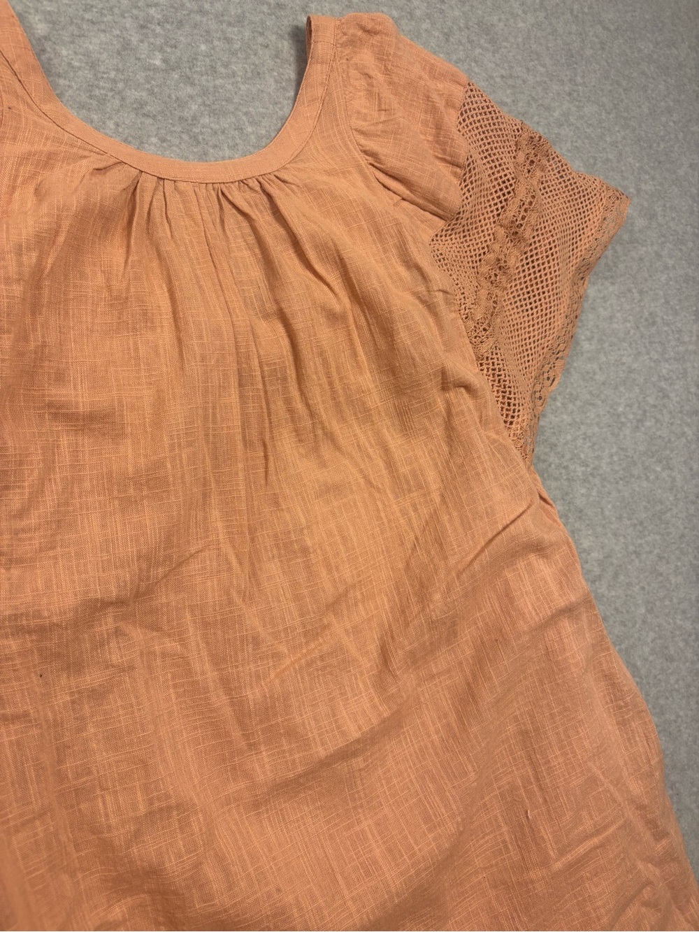 Peach / Coral Short-Sleeve Mini Dress with Lace Detail - Picture 2 of 8